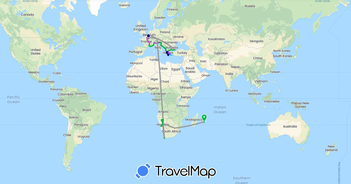 TravelMap itinerary: driving, bus, plane, cycling, train, hiking, boat in Albania, Belgium, Germany, France, Greece, Croatia, Italy, Montenegro, Namibia, Réunion, Slovenia, Turkey, South Africa (Africa, Asia, Europe)