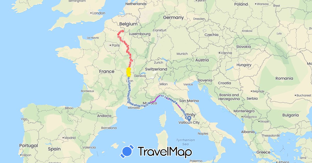 TravelMap itinerary: driving, cycling, train, hiking in France, Italy (Europe)